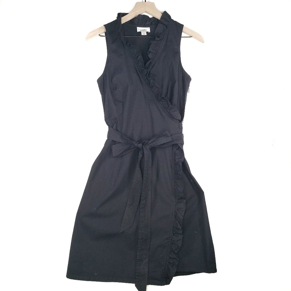 Loft Ruffle Trim Wrap Dress Belted Black